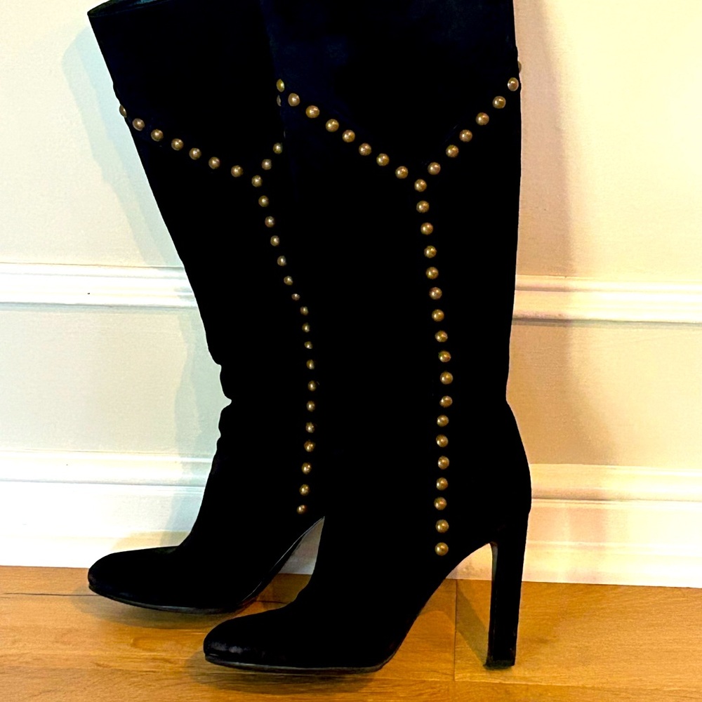 YSL knee length suede high heel boots.